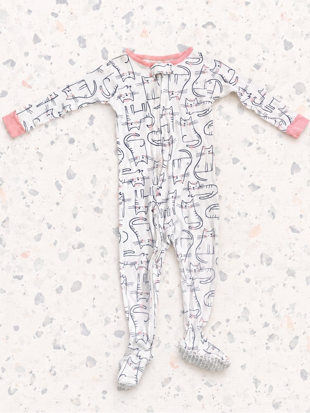 Carter's Baby Girl’s White Cat-Print Footed One-Piece with Pink Trim - 18 Months